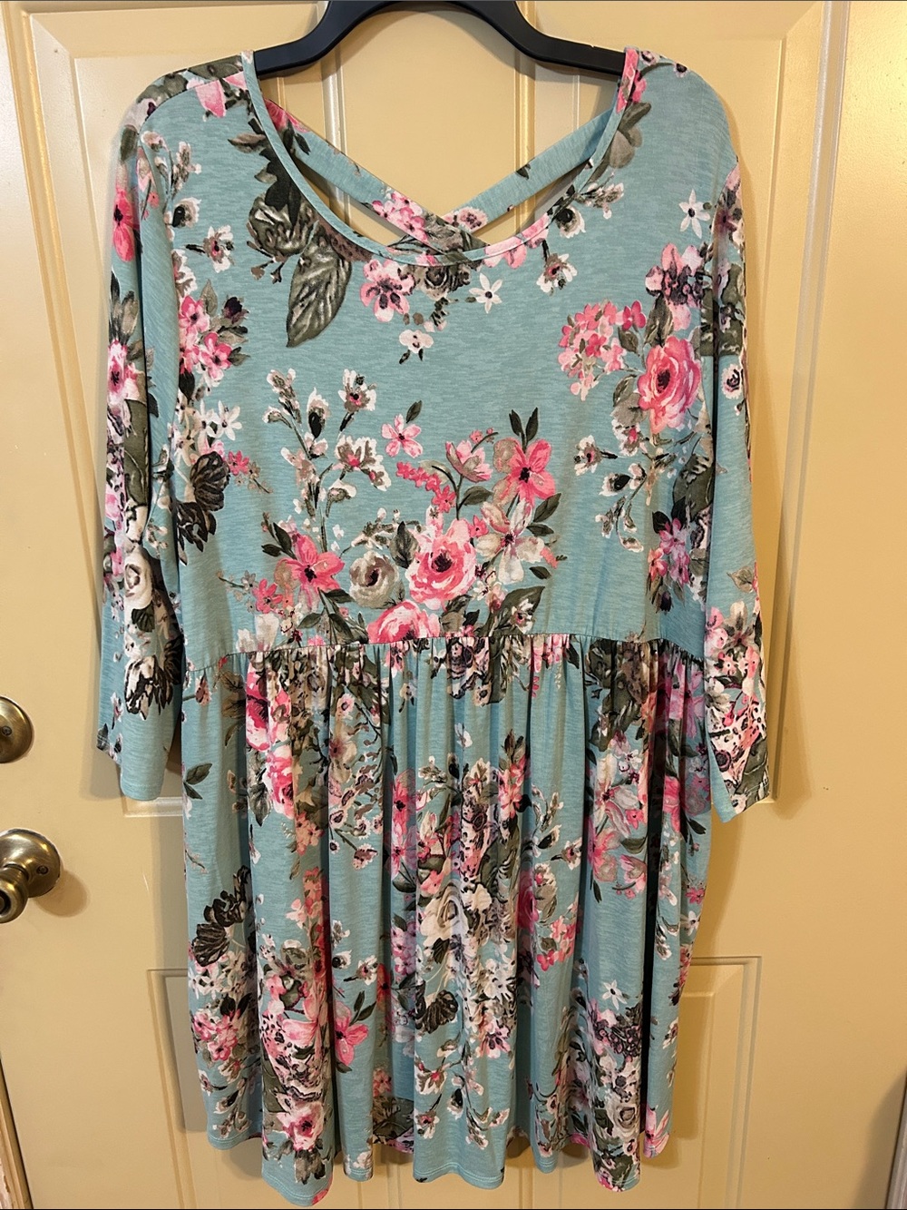 Floral Crisscross-Back Tiered Dress in Teal and Pink
